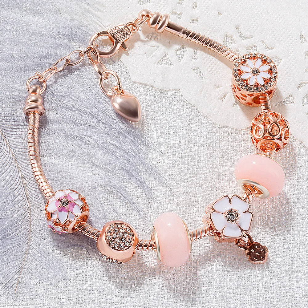 

Europe and America Fashion Pink Flowers Inlaid Beaded Bracelets Zircon Hollow Ball Cherry Blossoms Snake Chain Bracelet Women