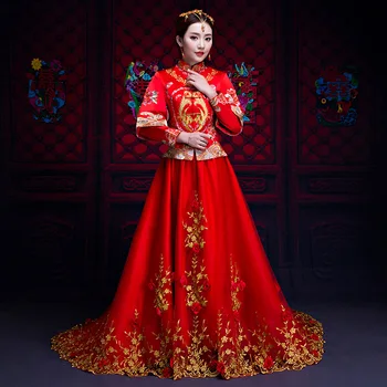 

Red Embroidery Phoenix Bride Trailing Dress Classic Chinese Women Wedding Cheongsam Suit Oversize Elegant Marriage Qipao 3XL