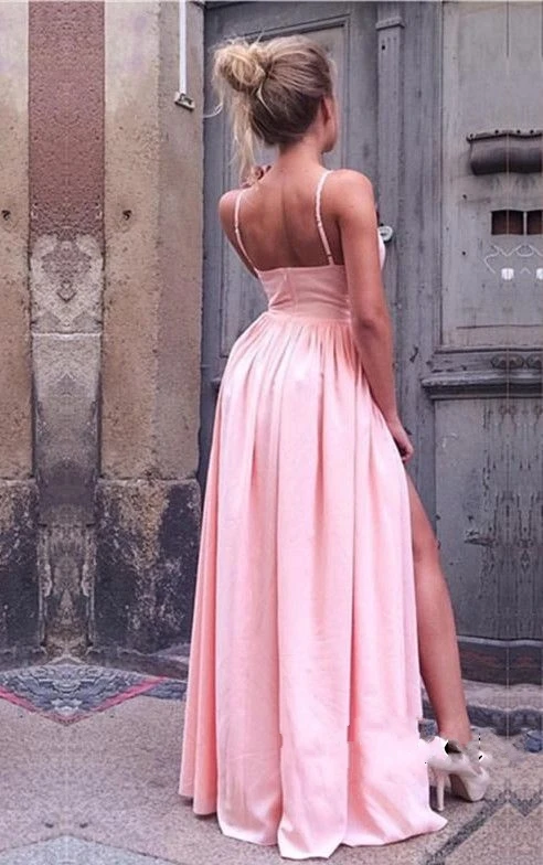 Spaghetti-Straps A-Line Simple V-Neck Pink Side-Slit 2018 Prom Dresses
