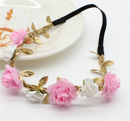 Diadema de flores rosas para niña, diadema de bohemia, Tiara Floral, hojas doradas, turbante Bandeau, accesorios para el cabello, _ - AliExpress Mobile