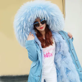 

2017 Korean Style Women Fashion Plus Size Big Real Raccoon Fur Hooded Fox Fur Lining Coats Jackets Ladies Outwear Top Quality