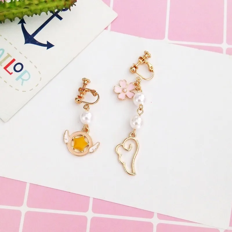 

High Quality Cute Cartoon Enamel sakura Wing Star asymmetric Clip Earrings for Women Girls No Ear Hole Jewelry Gifts