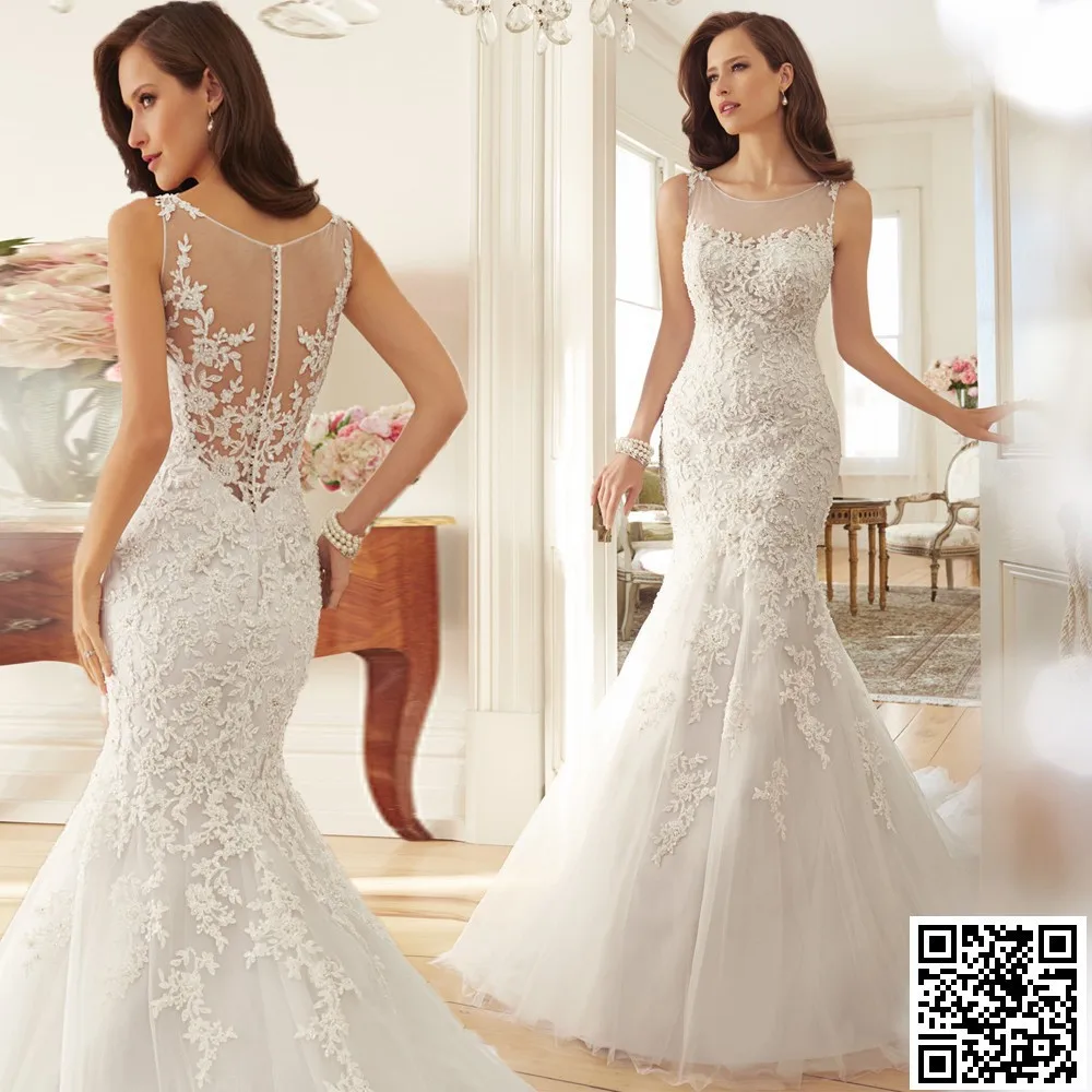 

Stunning Scoop Sheer Back Sleeveless Lace Wedding Dress Beaded Chapel Train Mermaid Wedding Dresses Sexy Wedding Dress 2016