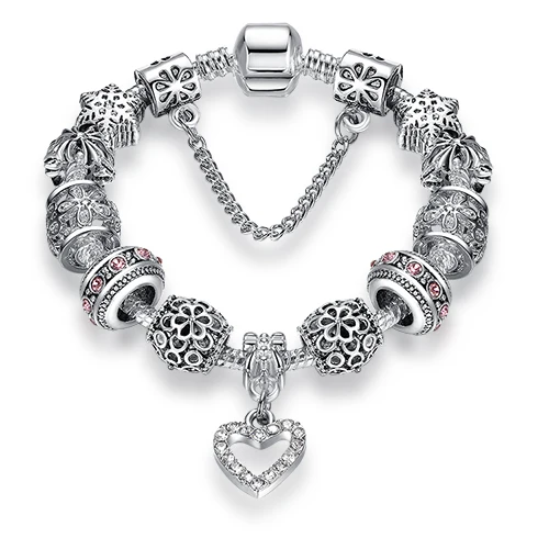 ELESHE, Европейский Серебряный браслет с подвеской, с кристаллами, цветком, бусинами в форме сердца, браслет для женщин, сделай сам, ювелирное изделие, рождественский подарок - Окраска металла: PS3743