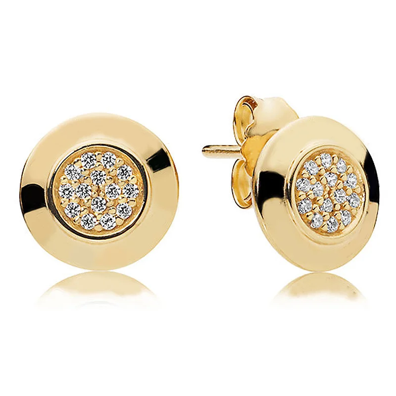 

Authentic 925 Sterling Silver Earring Golden Signature WIth Crystal Stud Earring For Women Wedding Gift Fine Pandora Jewelry