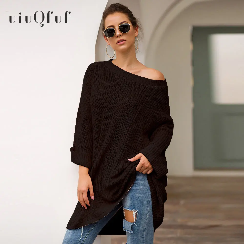 

Slash Neck Pullover Feminino Knitted Sweaters with Pocket Autumn Winter Jumper Mujer Long Oversize Women's Sweater