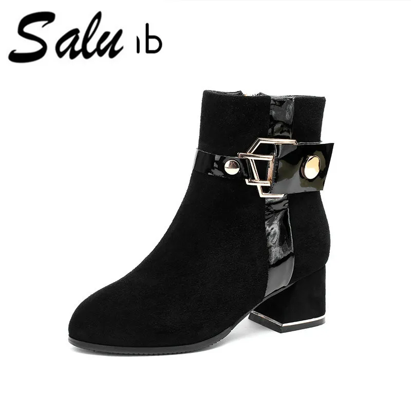 

Salu Women Winter Boots Casual Comfortable Genuine Leather Boots Female Warm Wool black Shoes Size 35-43