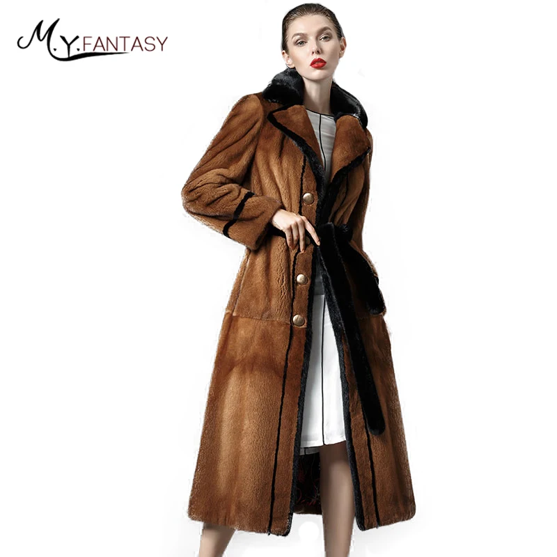 

M.Y.FANSTY Winter 2019 Import Mink Fur Coats Women's Turn-Down Collar X-Long Coats Causal Slim Ruffles Sashes Button Mink Coats