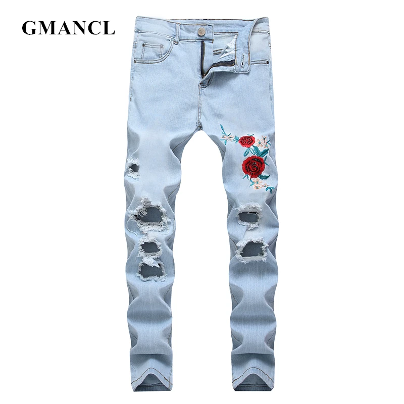 GMANCL Mens Rose embroidery knee Ripped Straight Jeans Destroyed Skinny Hip Hop Holes streetwear male jeans stretch Denim pants GMANCL Mens Rose embroidery knee Ripped Straight Jeans Destroyed Skinny Hip Hop Holes streetwear male jeans stretch Denim pants
