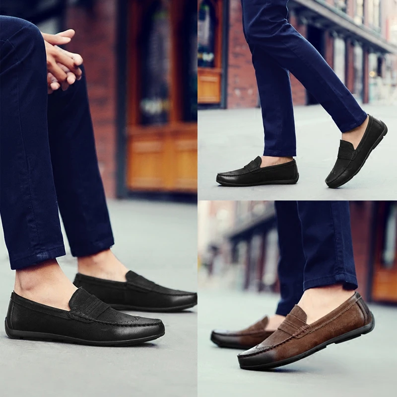 QWEDF Men Genuine Leather Shoes Slip On Black Shoes Real Leather Loafers Mens Moccasins Shoes Italian Designer Shoes X7-64