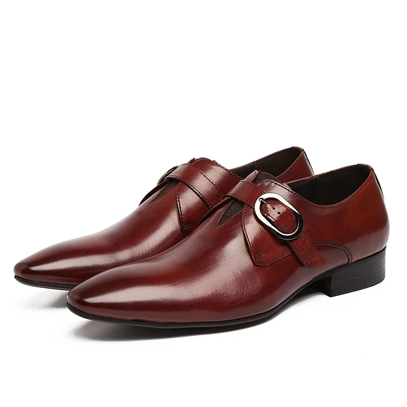 

2016 New Fashion Genuine Leather Formal Brand Man Cow Flats Pointed Toe Buckle Strap Men's Dress Wedding Rubber Shoes GLM1167