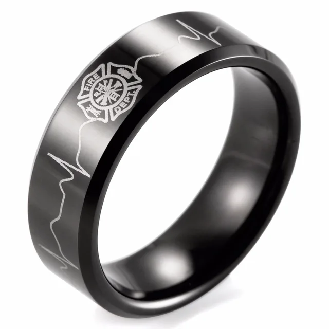The Beauty And Deep Meaning From Firefighter Wedding Rings Tungsten Clic Ring Men 8mm Black Beveled Tungsten Carbide Firefighter Shield Ekg Design Outdoor Wedding Band