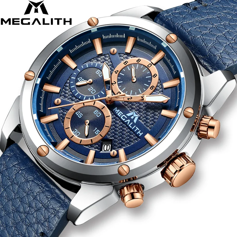MEGALITH, мужские спортивные часы, военный хронограф, водонепроницаемые, Reloj Hombre,, кожаный ремешок, кварцевые часы для мужчин, Relogio Masculino