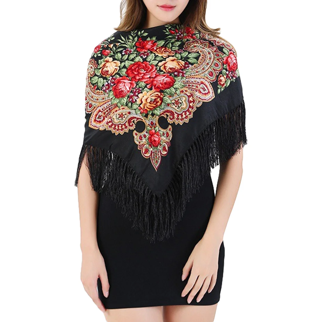Women Square Scarf Fashion Large Cotton Long Tassel Floral Scarf Spring Shawl