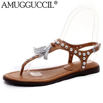 

2020 New Genuine Leather White Brown Buckle Rivets Tassel T-Strap Fashion Sweet Girl Lady Summer Women Flats Sandals L827