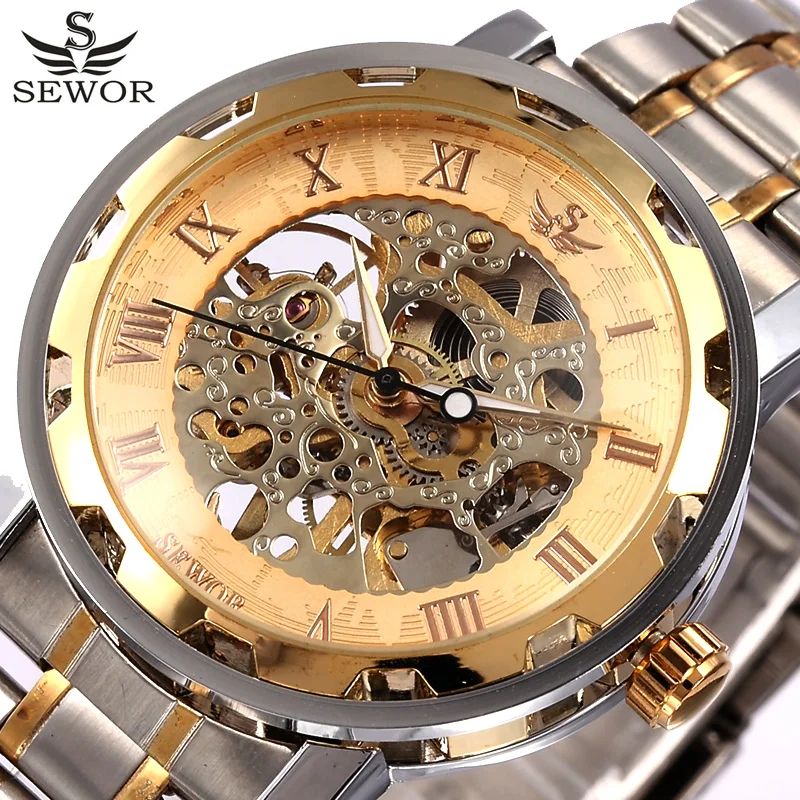 

Mechanical Watch Men Male Wristwatch Top Luxury Brand SEWOR Gold Men Skeleton Watch Transparent Full Steel Men Watch Relogio