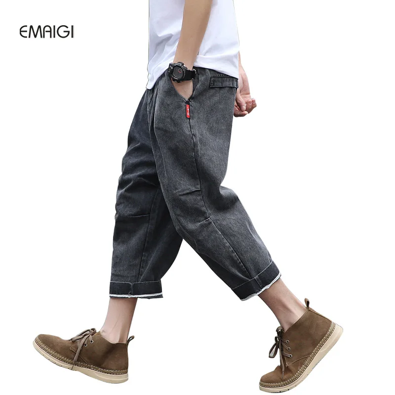 

Harajuku Street Fashion Mens Loose Jeans High Quality Male Vintage Cowboy Denim Harem Pants Hiphop Short Denim Trousers