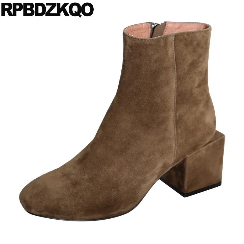 

Women 2017 Winter Chunky Side Zip Boots Slip On Suede Ankle Square Toe Brown Fall Booties High Heel Fur Shoes Casual Short New