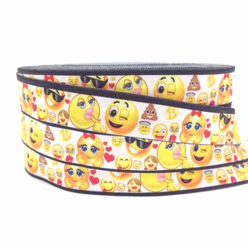 

5/8" Cute Smile Face Print Fold Over Elastic 10 yards/lot Heat Transfer Printing FOE Ribbon for Girls Hair Tie Hair Accessories