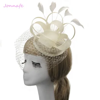 

Jonnafe Elegant Ivory Lace Feather Wedding Hat Fascinator Bridal Hair Accessories Women Prom Headwear Tiara