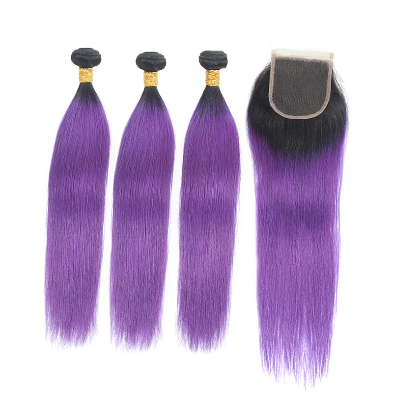 4x4 закрытие с предварительно цветными прямыми Remy пучки волос от светлого до темного цвета с закрытием 1B фиолетовый человеческих волос ткет для женщин td ВОЛОС