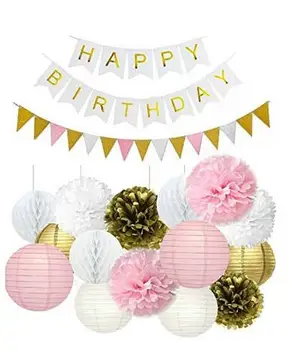 

15 Paper Pom Poms Paper Lanterns Honeycomb ball ,1 Triangular Flag Banner ,1 Happy Birthday Banner for Wedding Party decorations