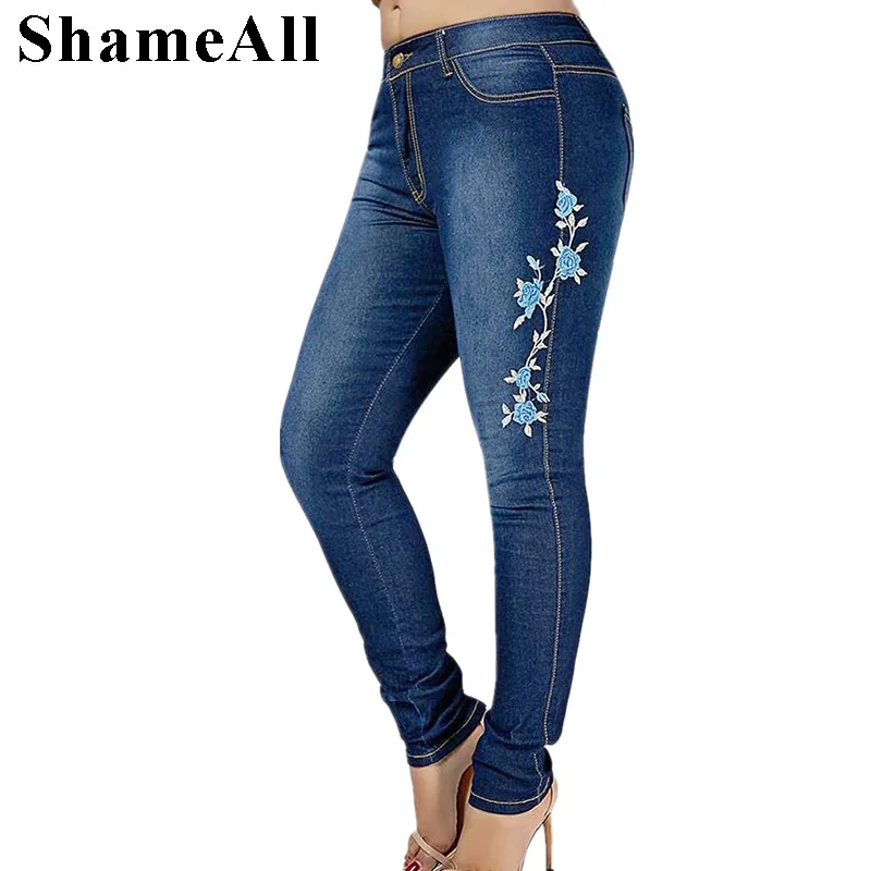 

Plus Size Floral Embroidered Stretch Skinny Blue Jeans 3XL 4XL Spring Autumn Women Sexy Denim Trousers Long Pencil Pants