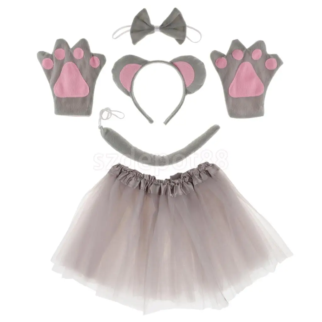 Костюм для девочек с изображением мышки; повязка на голову; перчатки с галстуком-бабочкой; юбка-пачка; нарядное платье для костюмированной вечеринки; реквизит - Цвет: Gray