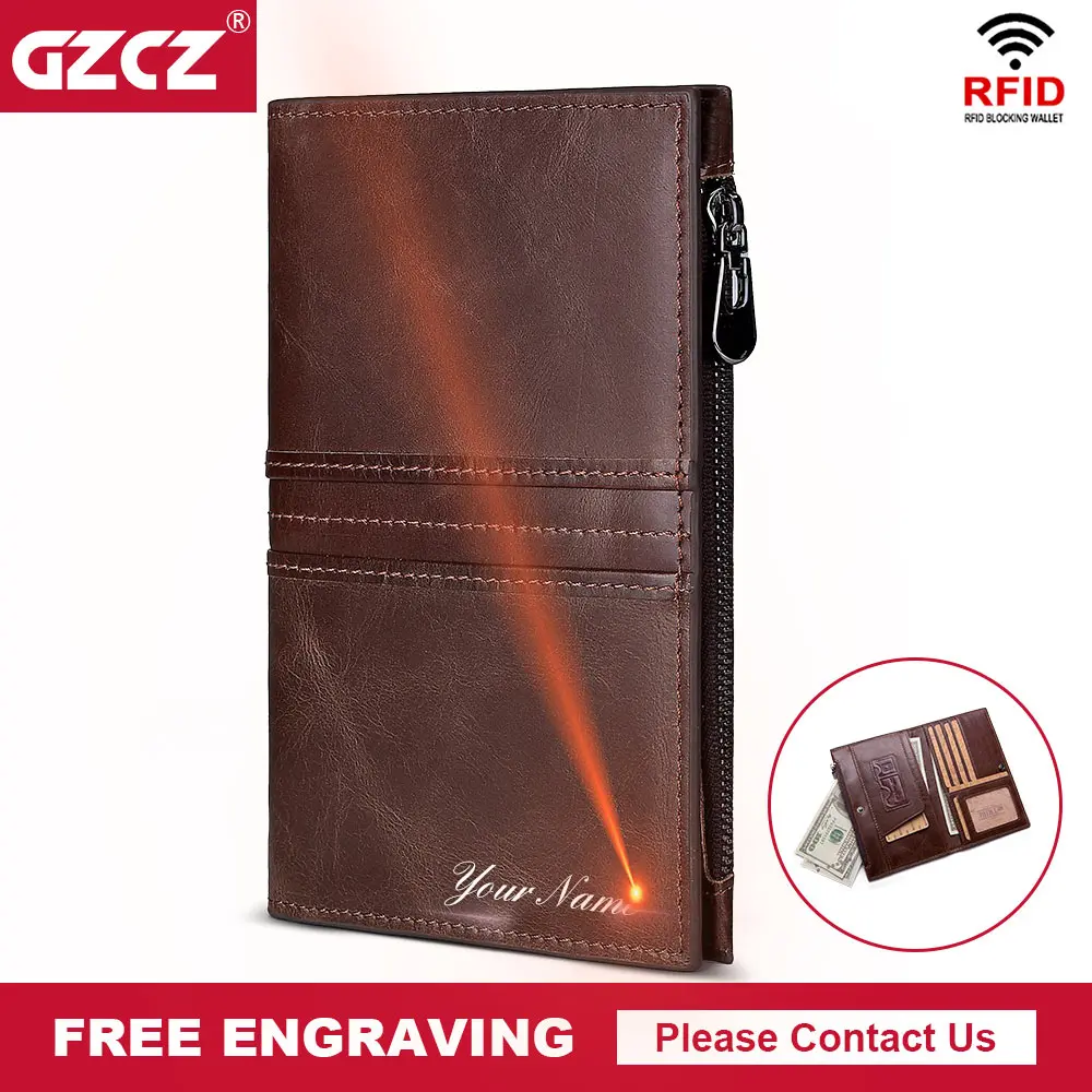 

GZCZ Free Engrave Men Wallet Leather Genuine Fashion Male Clutch Long Wallet Zipper Rfid Wallet Purse Clamp For Money Portomonee