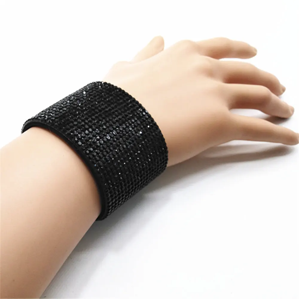

Black Design Gorgeous Trendy Rhinestone Wide Chain Link Leather Bracelets Women Fashion Bangle Female Wedding Jewelry
