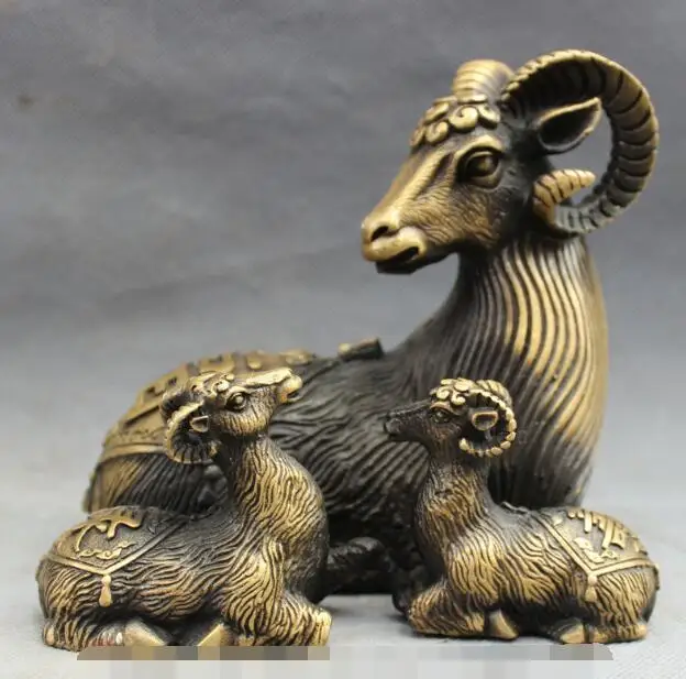 

S01212 Folk Chinese Bronze Year Zodiac FengShui Wealth Fu Lu Shou 3 Lying Sheep Statue (B0413)