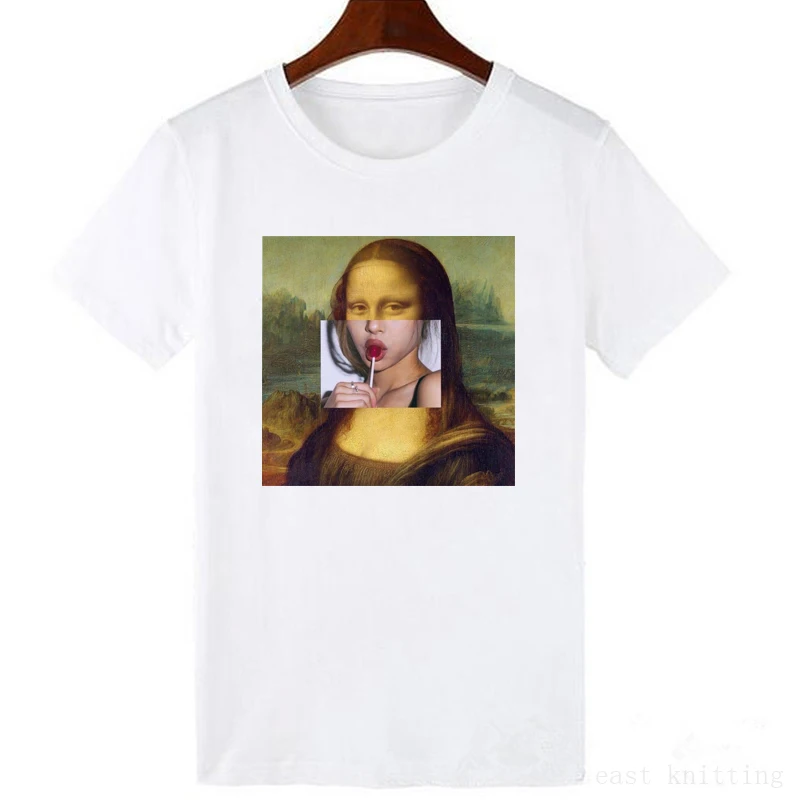 Mona Lisa cartoon fun fashion print T-shirt personality fashion Harajuku New summer casual tops - Цвет: WTQ0195-white