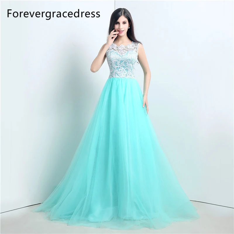 Forevergracedress реальные фотографии мятный Цвет платье для выпускного вечера Великолепная линия кружевной топ длинные официальная Вечеринка