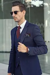 Последние конструкции пальто брюки Темно-синие Костюмы Slim Fit Тощий смокинг 3 предмета мужской костюм портной Костюмы модные жениха Блейзер