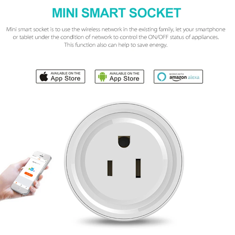 US Standard 10A Round WiFi Mini Plug APP Remote Control Timing Smart Socket Works with Alexa & Google Home AC 100-240V
