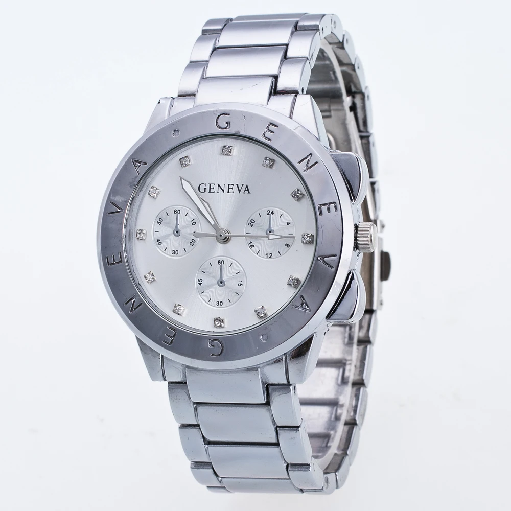 

Luxury Geneva Diamond Watch Hour Hand Graphic Display Alphabet Striped Stainless Steel Dial Ladies Quartz Watch Aluminum Alloy S