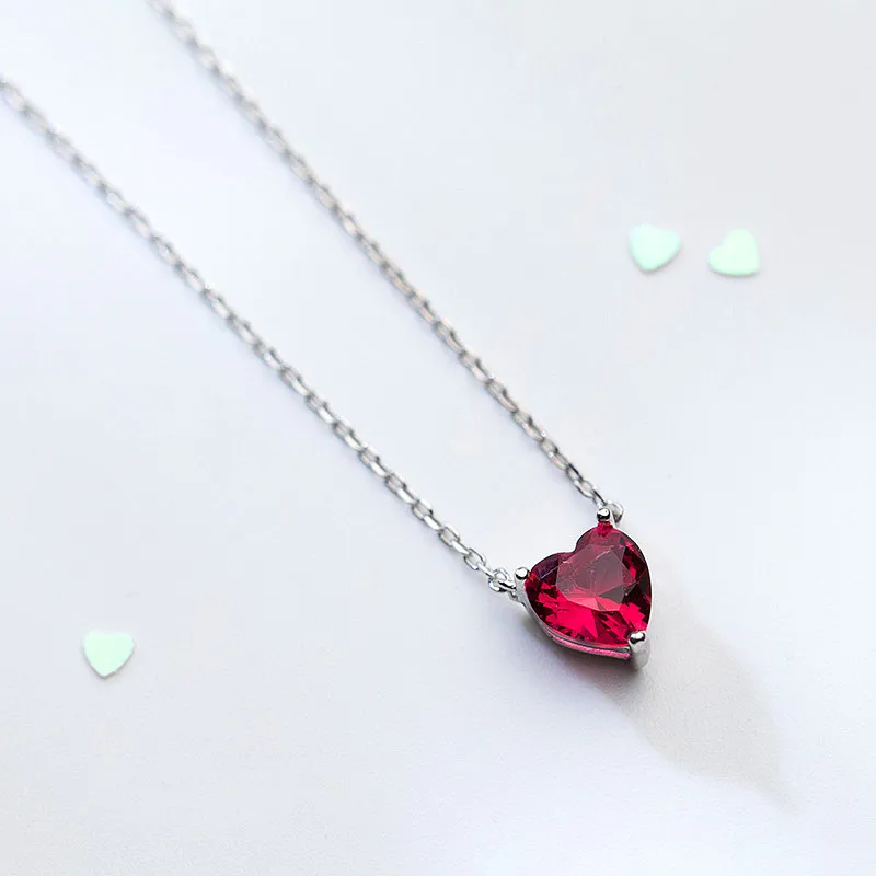 

Real 925 Sterling Silver Cute Red Crystal Heart Choker Necklace Personality Fine Jewelry For Women 528008