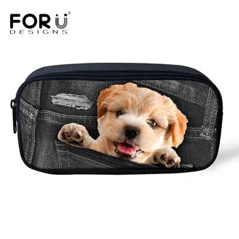

FORUDESIGNS Cute Denim Puppy Dog Prints Pencil Pouch for Children Brand Kids Girls Storage Bags Travel Women Makeup Cosmetic Bag
