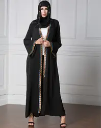 Мусульманская вышивка черный Абая лоскутное длинное платье кардиганы кимоно Jubah халат Арабский исламский верхняя одежда полная длина