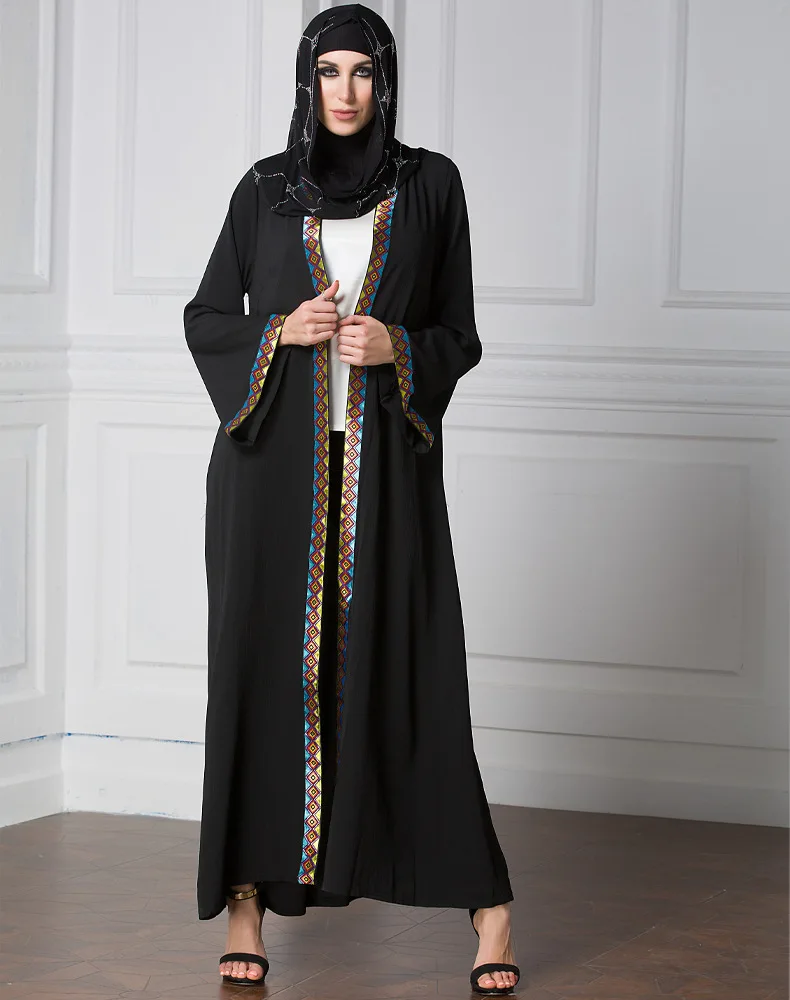 Muslim Embroidery Black Abaya Patchwork Long Dress Cardigans Kimono ...