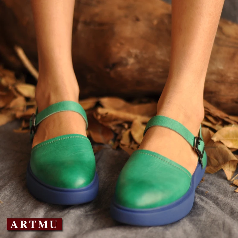 Artmu/Модные женские босоножки; обувь с пряжкой; туфли на плоской подошве из натуральной кожи; модельные туфли на плоской платформе; обувь зеленого цвета с закрытым носком; оригинальная Винтажная обувь