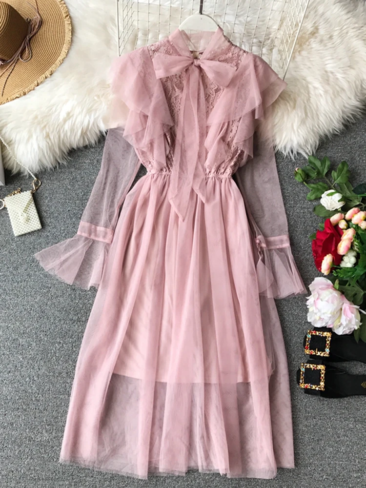 Платье Kawaii корейское длинное Сетчатое платье винтажные платья с рюшами женское