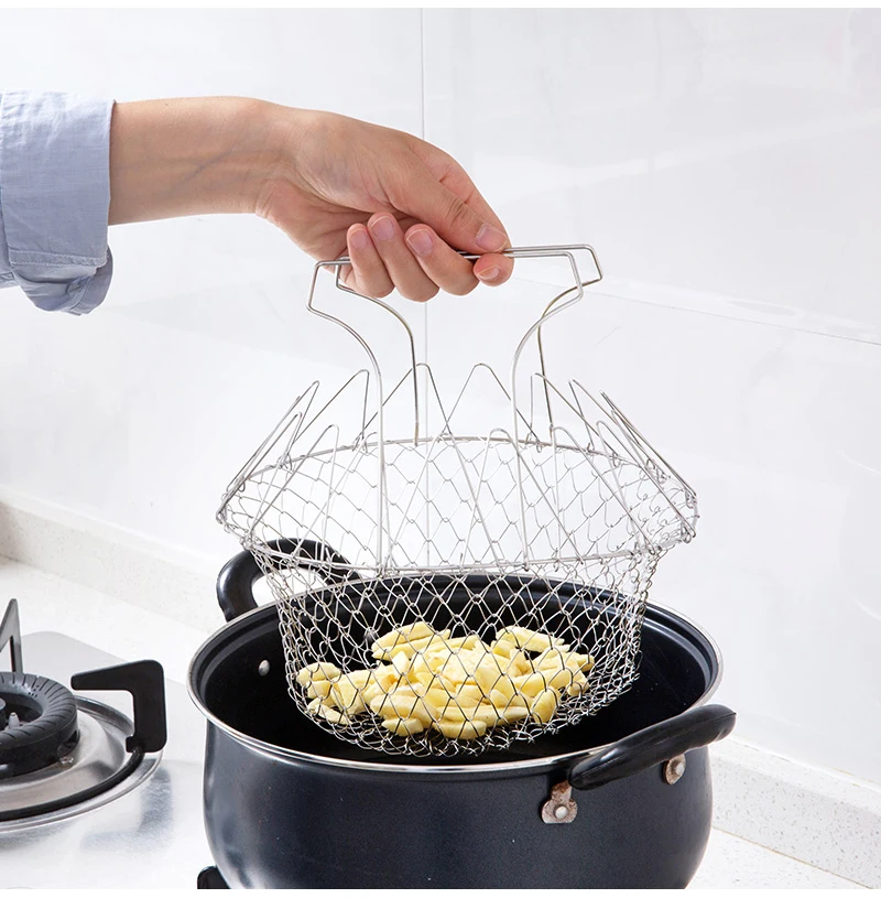 TUUTH Stainless Steel Fried Filter Basket Drainage Rack Fruit Basket Telescopic Folding Chef Kitchen Tools Accessories B7