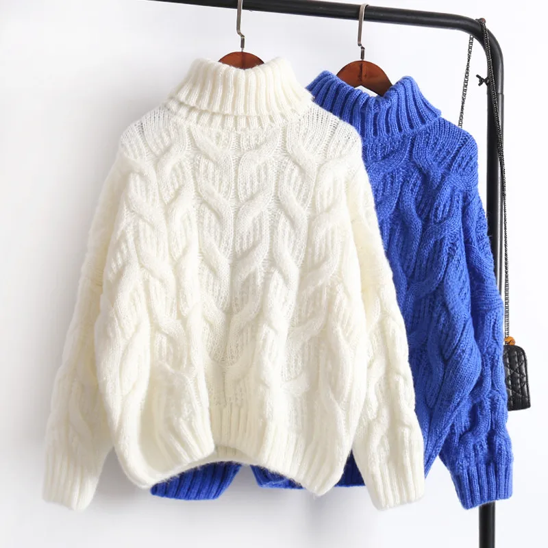 

Winter Turtleneck Solid Candy Color Twist Wool Sweater Pullover Women Loose Thick Warm O-neck Basic Sweaters Pullovers Tops