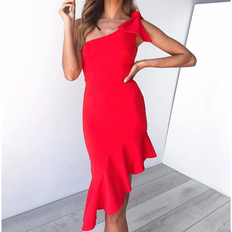 

Female Bodycon Dress Summer Cocktail Party Dress Sexy One Shoulder Dress Ruffles Women Clubwear Black Red Empire Plus Size M0441