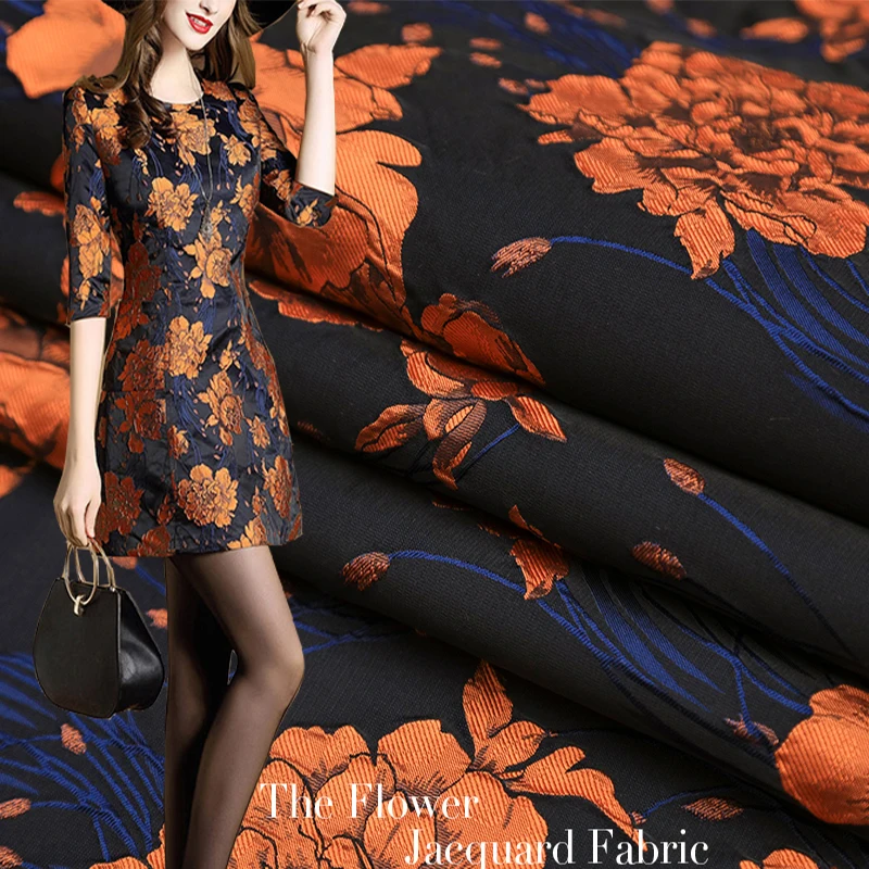145 см ширина европейский и американский высокого класса оранжевый цветок жаккардовая парча ткань, 3D пряжа окрашенная ткань для женщин пальто, платье