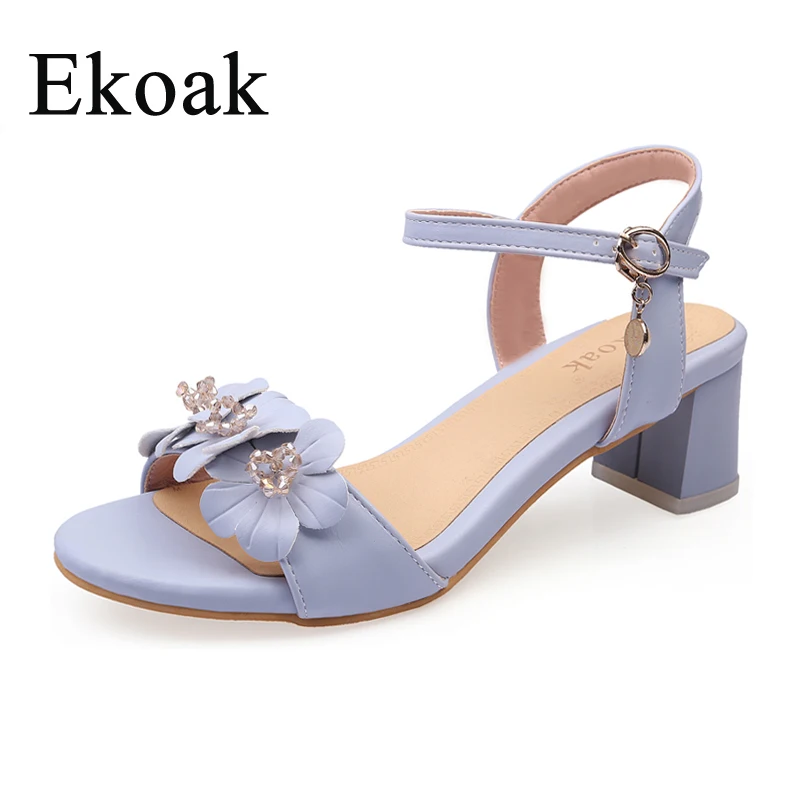 Ekoak/Новые модные женские босоножки с цветами; летние женские модельные туфли для вечеринки; женские туфли на высоком каблуке с ремешком на щиколотке