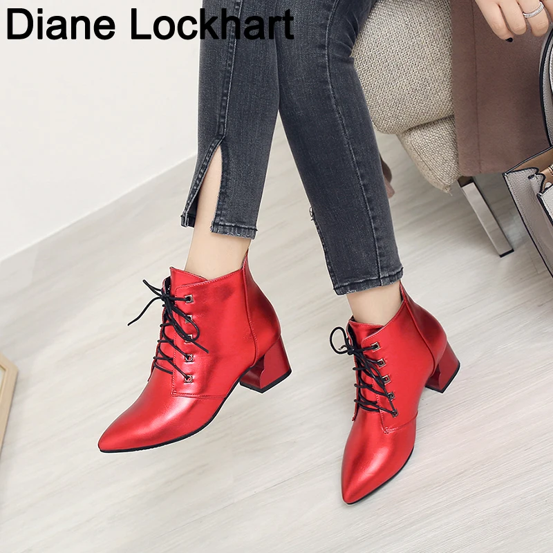

Zapatos Mujer 2019 Fashion Women Boots Casual Leather Low High Heels Spring Shoes Woman Pointed Toe Rubber Ankle Boots Black Red