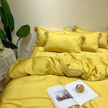 

Spring and Summer Explosion Yellow High-end Austrian Lanjing 80 Tencel 4pcs Pure Stripe Down Bed Sheets