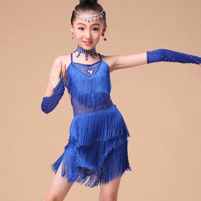 Blue Red Rose Girl Fringe Paillette Latin Dance Dress for Girls Tassel